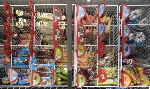 Freezer cabinet with various flavours of ice cream, Mecklenburg-Vorpommern, Germany, Europe