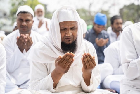 GUWAHATI, INDIA, APRIL 11: Muslims gather to perform Eid al-Fitr prayer at Eidgah in Guwahati,