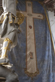 Historic Lenten Shroud hangs behind the Holy Sepulchre, St Wendelin, Kirchenweg 8, Eyershausen,