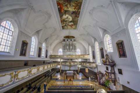 Organ loft, Dreifaltigkeitskirche, Kaufbeuern, Allgaeu, Swabia, Bavaria, Germany, Europe