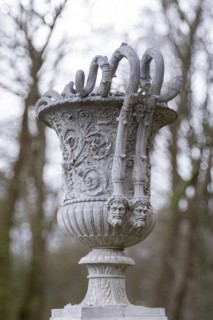 Cast zinc vase on a pedestal in the castle park, Ludwigslust, Mecklenburg-Vorpommern, Germany,