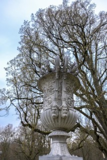 Cast zinc vase on a pedestal in the castle park, Ludwigslust, Mecklenburg-Vorpommern, Germany,