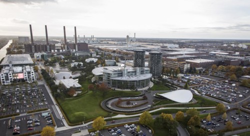 Aerial view of the VW plant and the Autostadt in Wolfsburg, 25 October 2015, Wolfsburg, Lower