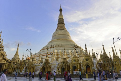 Shwedagon Pagoda, Yangon, Myanmar, Asia, Daytime scene with visitors at the majestic Shwedagon