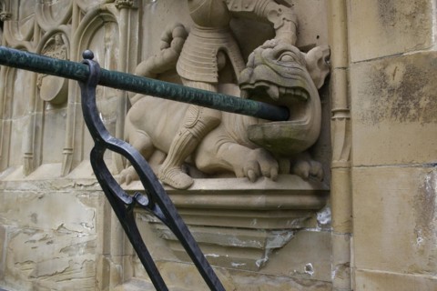 Dragon motif on the fish fountain, fountain, market fountain, old town, market square, Schwaebisch
