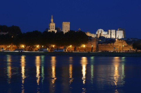 Papal Palace and Notre-Dame des Doms Cathedral at night, Avignon, Vaucluse, Provence-Alpes-Cote