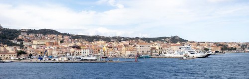 View from the sea, harbour and town of Maddalena, panoramic view, Isola La Maddalena, Sardinia,