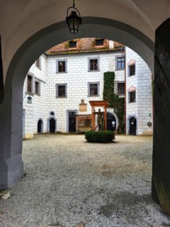 Mitwitz moated castle under a cloudy sky. Mitwitz, Kronach, Upper Franconia, Bavaria, Germany,