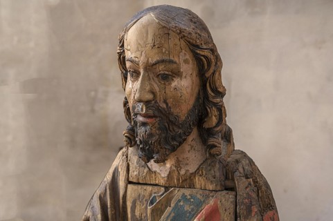 Head of Christ, detailed view of the Hersbrucker Palmesel, carved from 16th century lime wood, on