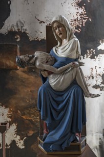 Mary holding Jesus in her arms, sculpture in St Oswald's Church, Baunach, Upper Franconia, Bavaria,