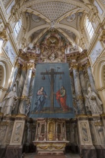 Historic Lenten cloth, around 1750, in front of the altar of the monastery church of St Rochus,