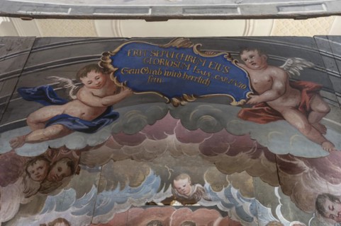 Detailed view of the Holy Sepulchre, created in 1764, in front of the altar of St Bartholomew's
