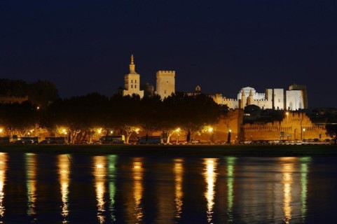 Papal Palace and Notre-Dame des Doms Cathedral at night, Avignon, Vaucluse, Provence-Alpes-Cote