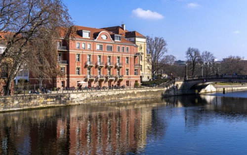 Residential building on the Spree, northern Monbijou Bridge at the Bode Museum, Berlin, Germany,