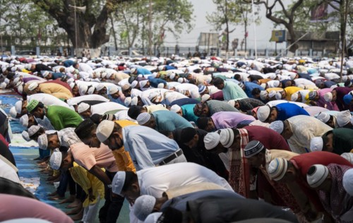 GUWAHATI, INDIA, APRIL 11: Muslims gather to perform Eid al-Fitr prayer at Eidgah in Guwahati,
