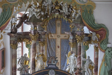 Historical Lenten Shroud, somewhat concealed by the Holy Sepulchre, St Wendelin, Kirchenweg 8,