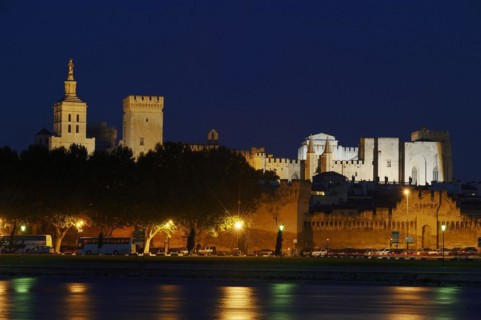 Papal Palace and Notre-Dame des Doms Cathedral at night, Avignon, Vaucluse, Provence-Alpes-Cote