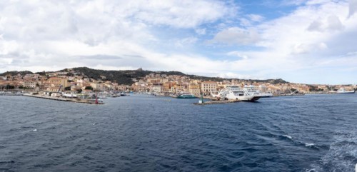 View from the sea, harbour and town of Maddalena, panoramic view, Isola La Maddalena, Sardinia,