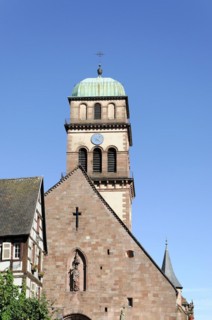 Kaysersberg, Alsace Wine Route, Alsace, Departement Haut-Rhin, France, Europe, Church tower with