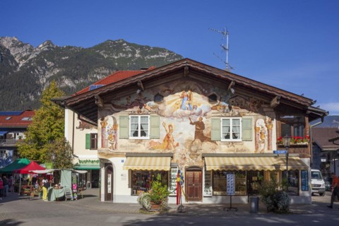 Lueftlmalerei on old house facade, Jocherhaus, Kramermassiv, district Garmisch,