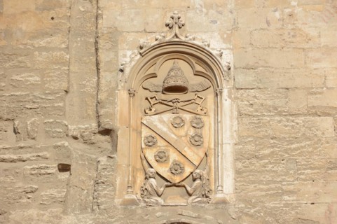 Coat of arms on the papal palace, Avignon, Vaucluse, Provence-Alpes-Cote d'Azur, South of France,