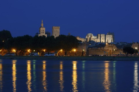 Papal Palace and Notre-Dame des Doms Cathedral at night, Avignon, Vaucluse, Provence-Alpes-Cote
