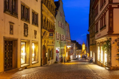 Obere Schmiedgasse with Spitaltor, Blue Hour, Rothenburg ob der Tauber, Middle Franconia, Bavaria,