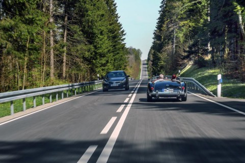 Country road near Boerwang with an old MG sports car, Allgaeu, Swabia, Bavaria, Germany, Europe