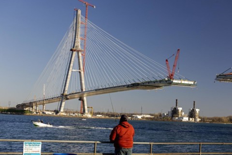 Detroit, Michigan USA -15 April 2024, Construction of the Gordie Howe International Bridge. The