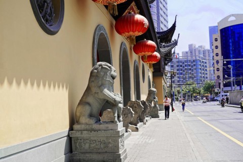 Jade Buddha Temple, Shanghai, street view of a temple facade with traditional Chinese elements,