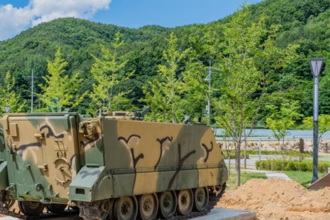Military landing craft used in Korean war on display in public park war memorial in Nonsan, South