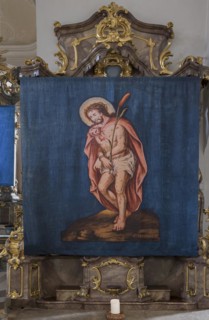 Historic Lenten cloth, made in 1726, right side altar, parish church of St Nicholas, Gundelsheim,