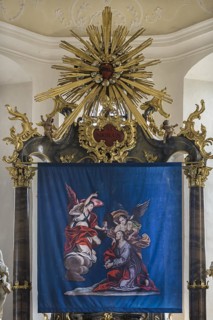 Historic Lenten cloth, made in 1726, in front of the main altar, St Nicholas parish church,