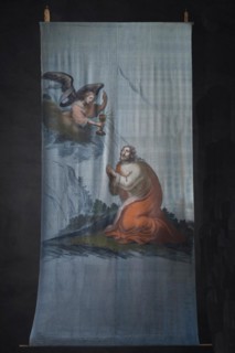 Historic Lenten cloth on a black background, created around 1890, St Laurentius Church, Schoenau an