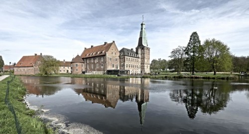 Panoramic photo with reduced dynamic colours in style of old historical photo showing view over