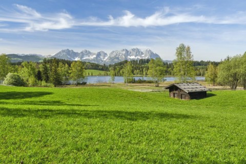 Hut at Schwarzsee in the Kitzbuehel Alps, spring, Wilder Kaiser, Kitzbuehel, Tyrol, Austria, Europe