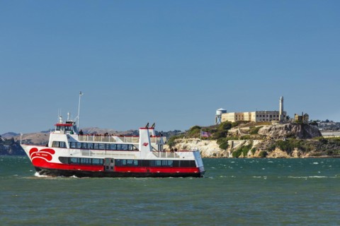 Excursion boat off Alcatraz Island, San Francisco, California, USA, San Francisco, California, USA,