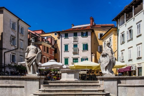 Alstadtgasse with square, harbour town Piran on the Adriatic coast with Venetian flair, Slovenia,