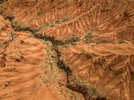 Top down view, gorge with eroded red sandstone rocks, Konorchek Canyon, Boom Gorge, aerial view,