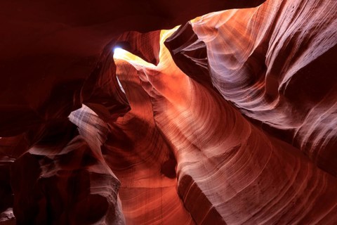 Light and shadow play on the curved, water-sculpted Convolvulus of a canyon, Upper Antelope Canyon,