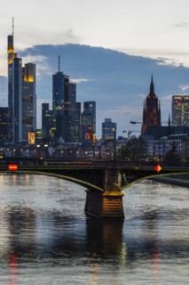 Skyline and banking district at sunset, twilight, Tower 185, Commerzbank, HelaBa, Hessische