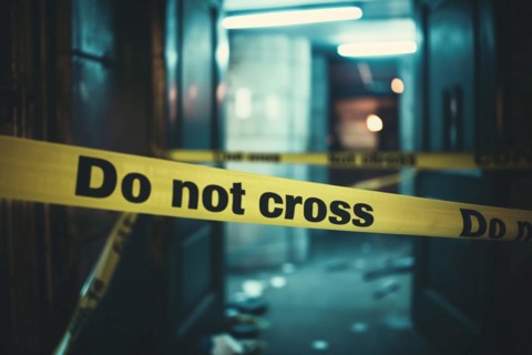 Yellow police tape with text 'Do not cross' at crime scene. KI generiert, generiert, AI generated