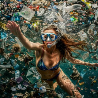 Woman swimming in polluted water, surrounded by plastic waste, looking serious, AI generated