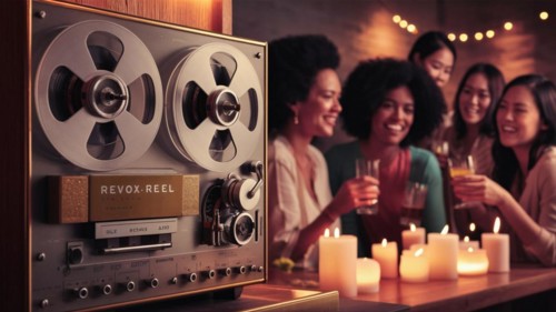 Group of friends chat drink in the background with close-up of an old reel to reel tape recorder ai