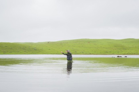 Black bass fisherman fishing with flyfishing, Cambara do sul, Rio Grande do sul, Brazil, South