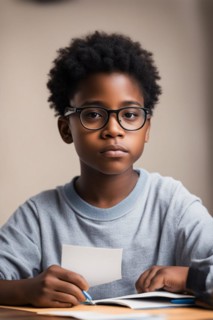 Focused boy with glasses writing on a piece of paper, AI generated