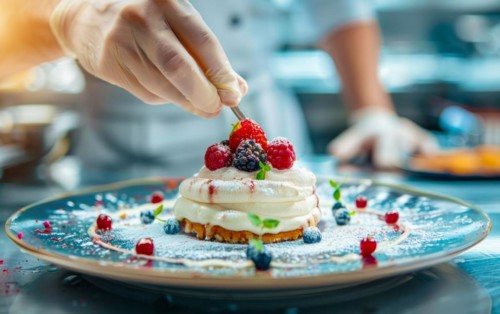 Chef is decorating a dessert with berries and other delicious additions of sweets and whipped