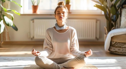 A woman is sitting on a yoga mat in a room with plants practicing yoga poses and mindful