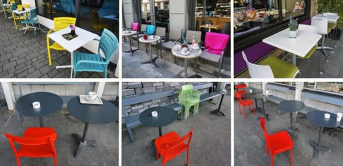 Tables and chairs, street cafes, Bavaria, Germany, Europe