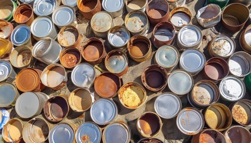 Symbol photo, many empty tin cans, partly crushed, rusty, dirty, lying on the beach, waste, AI